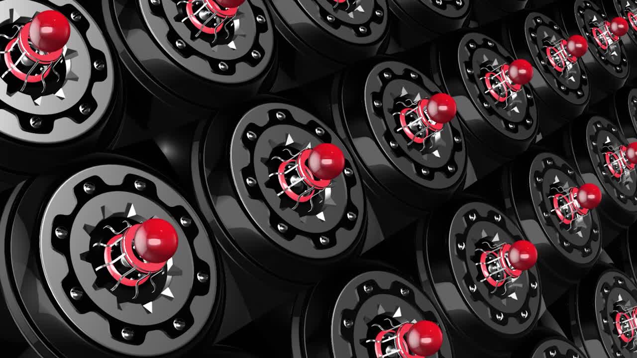 tecnología futurista con filas de motores de forma redonda giratorios con bombillas rojas, bucle sin costuras. movimiento. detalles de tecnología espacial giratoria en un fondo negro.