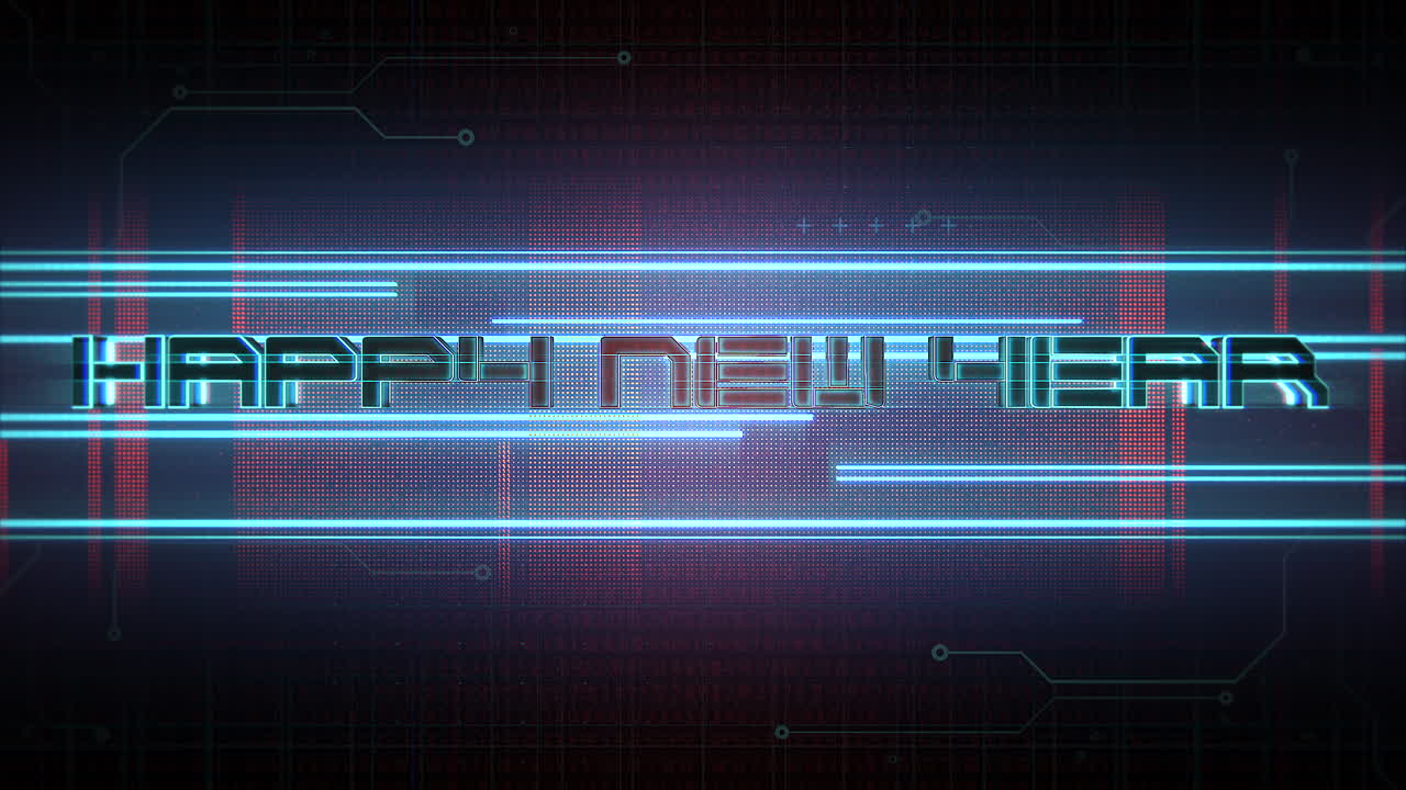 Happy New Year text with cyberpunk lines and matrix code