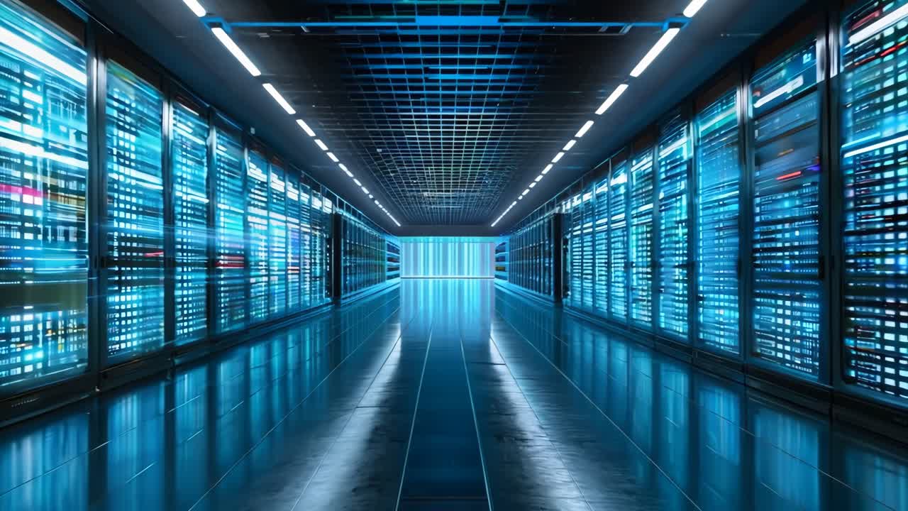 A long, narrow room with blue walls and a blue ceiling. The room is filled with rows of computer monitors