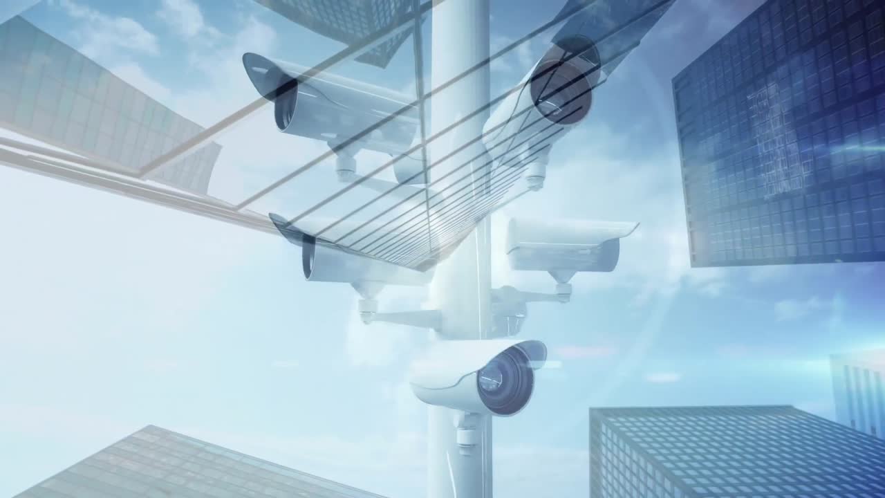 Animazione di telecamera di sorveglianza con edifici sullo sfondo