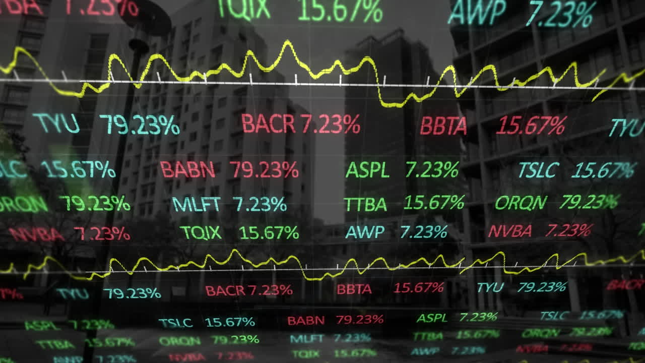 Animazione dell'elaborazione di dati finanziari su un paesaggio urbano