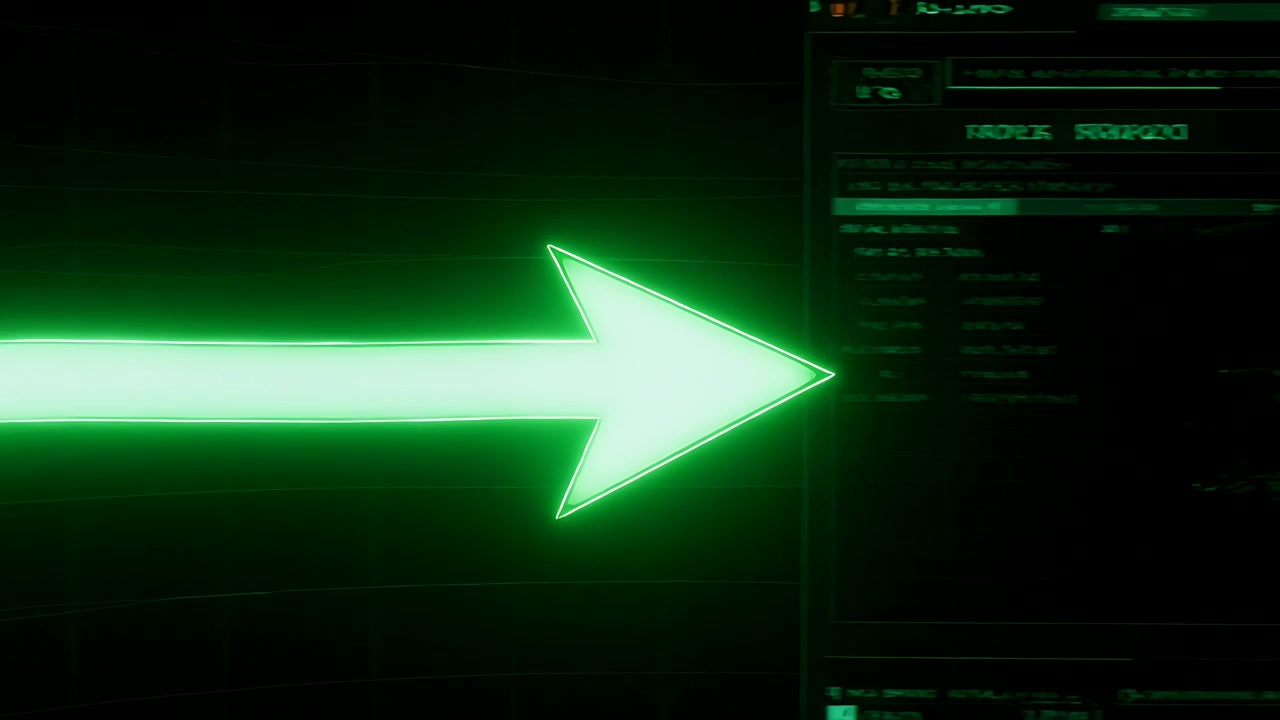 Entering left, neon green arrow sweeping right across dark monitor, revealing UI panels, status bar