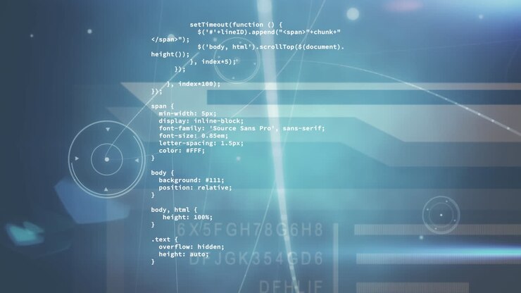 Animation af computerkode over forbundne prikker og linseflares mod en abstrakt baggrund