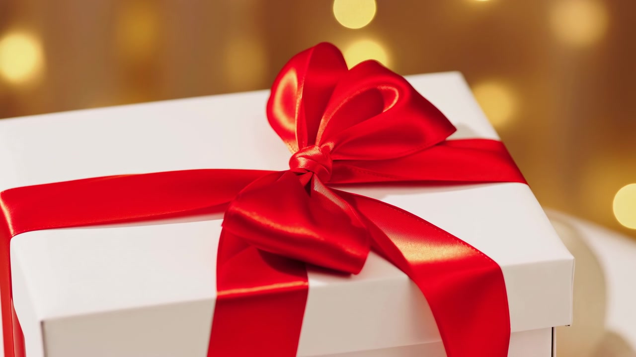 Un pacchetto bianco incartato con nastro e fiocco rossi è mostrato su uno sfondo di luci dorate soffuse, evidenziando pieghe lisce del tessuto, dettagli riflettenti e una vista ravvicinata della disposizione decorativa del regalo.