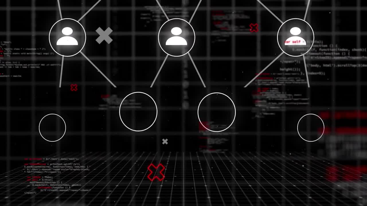 animación de iconos digitales y procesamiento de datos sobre fondo negro