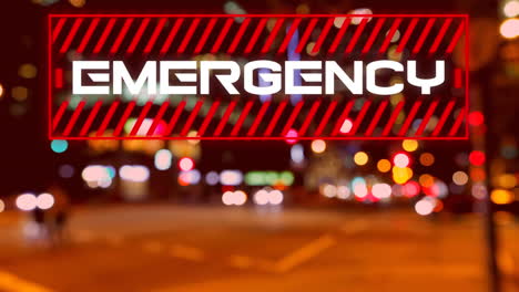 animation of the word emergency written in red frame over a cityscape in the background.