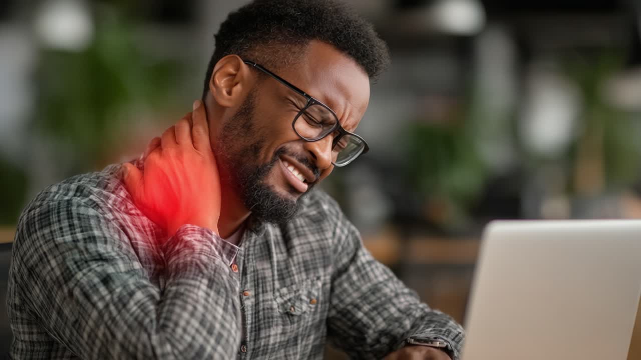 A man suffers from neck pain while working on a laptop, showcasing the physical strain associated with prolonged computer use in a modern office environment