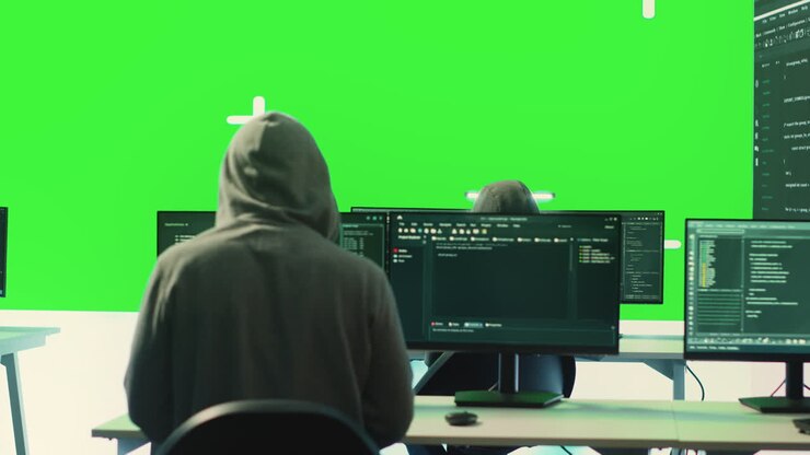 cyber-sicherheits-experten arbeiten mit einem mockup-layout auf einem großen bildschirm