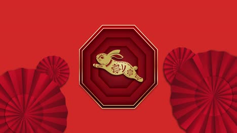 Animation-of-chinese-pattern-and-rabbit-year-decoration-on-red-background