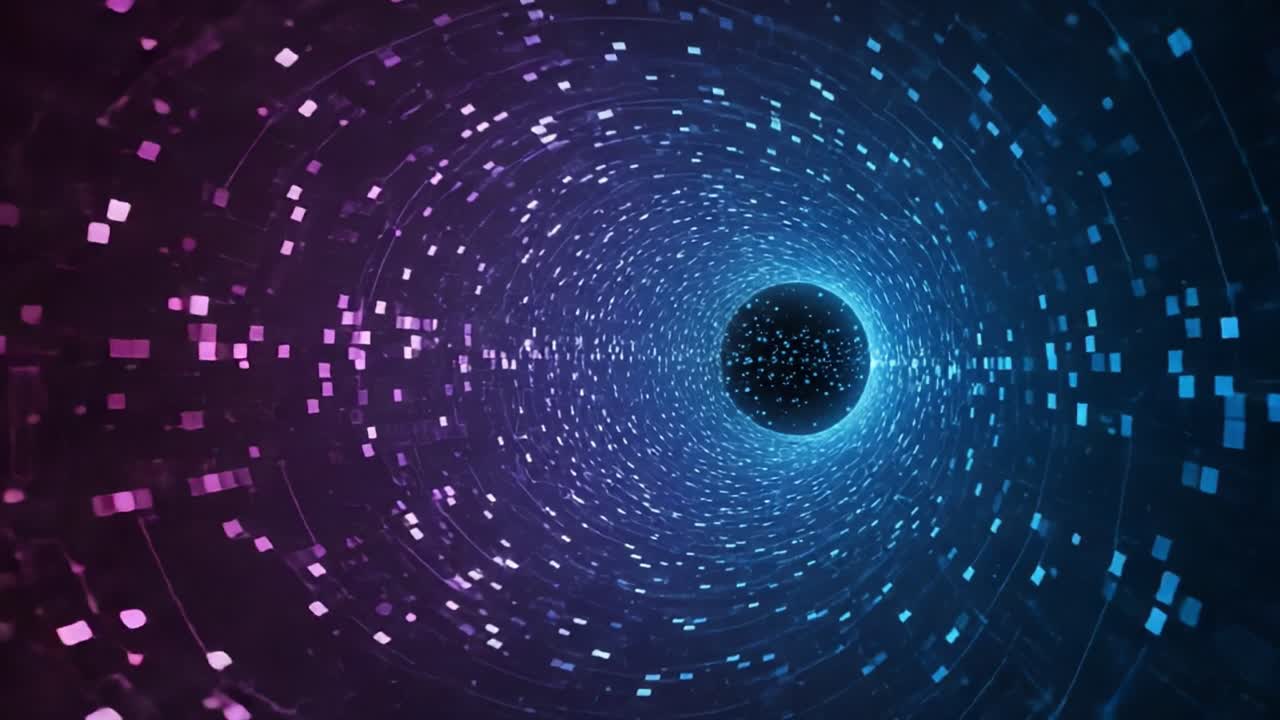A Mesmerizing Abstract Visualization of a Vortex with Gradients, Geometric Patterns, and a Dark Central Sphere Symbolizing Unknown Depths in a Digital Universe
