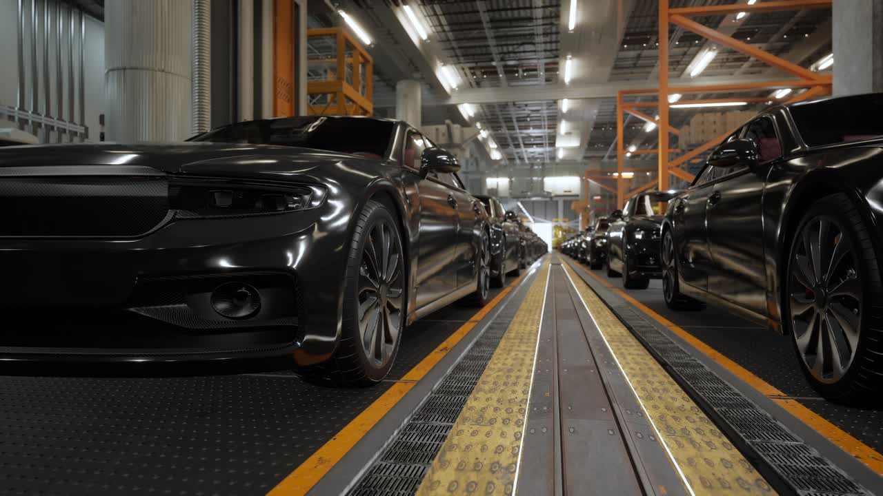interior de la fábrica de automóviles. carrocería de color negro en una línea de ensamblaje de automóviles planta industrial, fábrica de automóbiles, instalación de fábrica de producción de automóviles