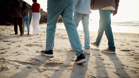 sunset, walking and family on the beach for travel