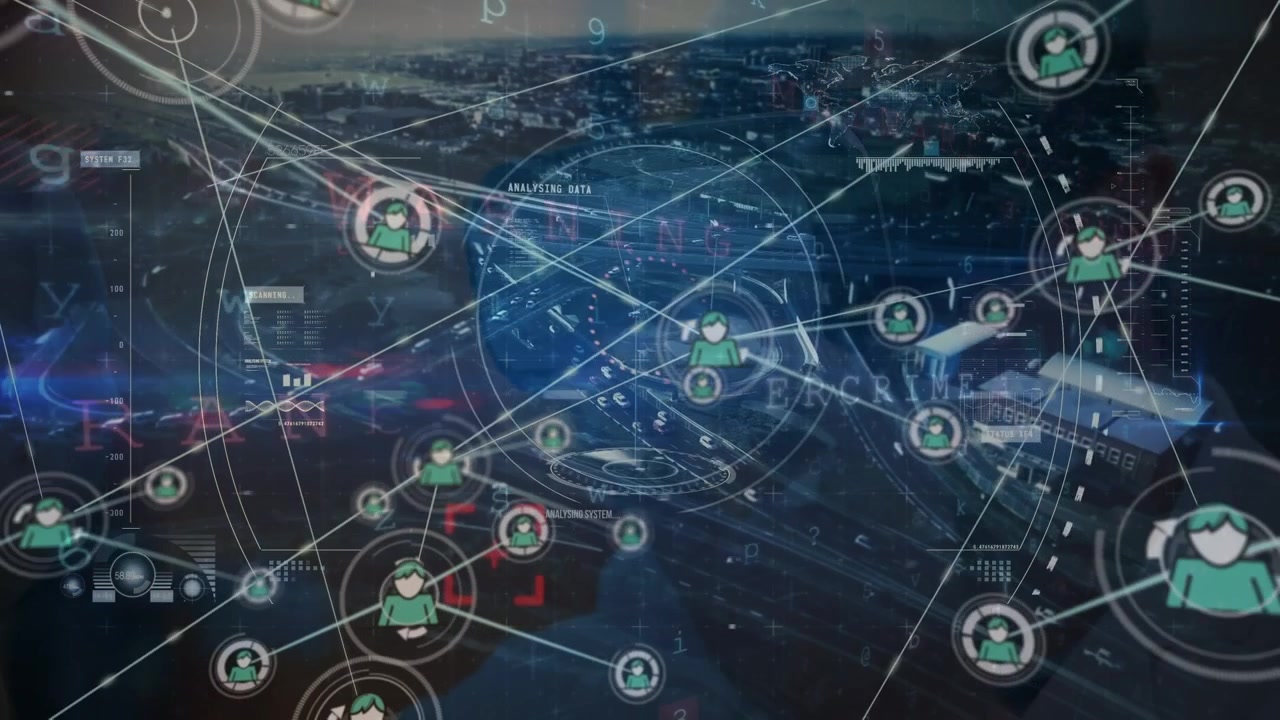 Animazione di mirino, connessioni, scansione e paesaggio urbano