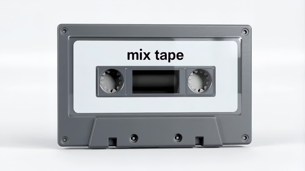 A grey audio cassette tape labeled 'mix tape'