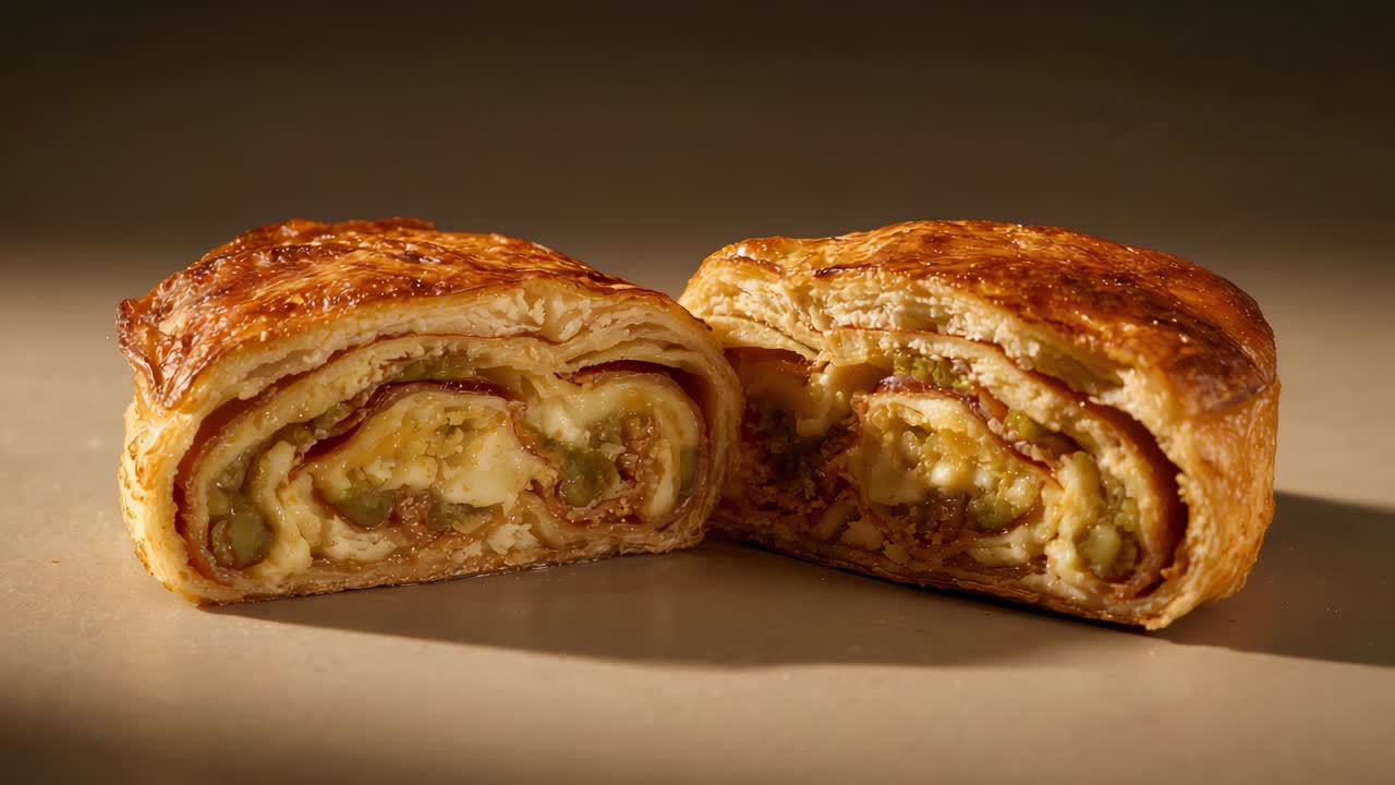 La telecamera si avvicina zoomando su un panino affettato su un tavolo, mettendo in risalto formaggio e sottaceti.