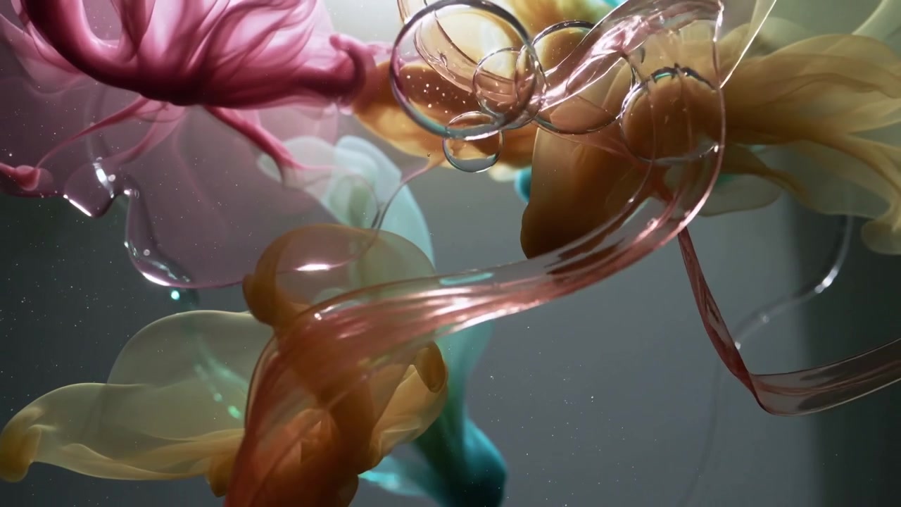 Pipette injecting dyes to show flow, pink yellow teal plumes and bubble rings forming in tank