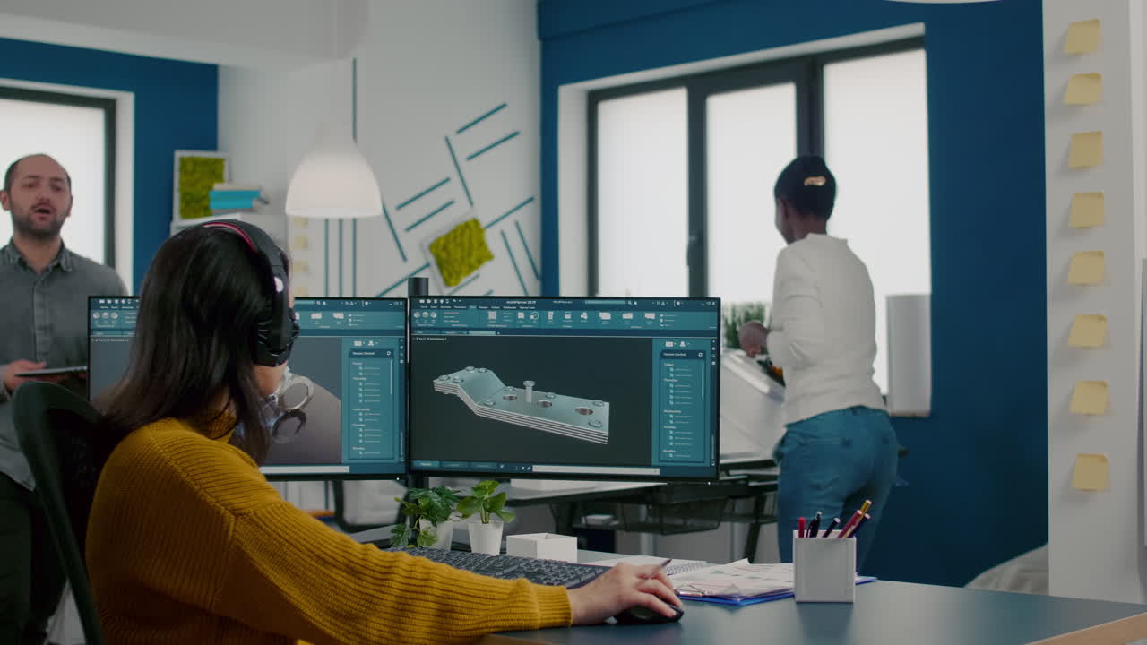 Engineers talking in front on pc and laptop with CAD software