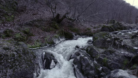 primer plano aéreo de un viaje a lo largo de la corriente giratoria de un río de montaña con una orilla rocosa