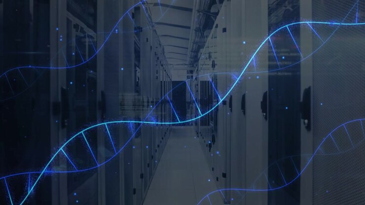 Data center aisle static while faint blue helix emerging left sweeping center, showing data flow