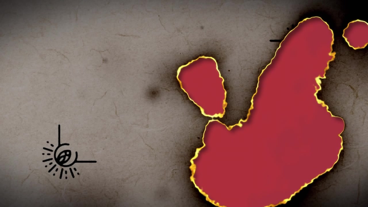 Animation of multiple abstract shapes moving on red background