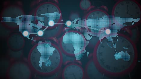Animation-Von-Verbindungsnetzwerken-Und-Einer-Weltkarte-über-Mehrere-Sich-Schnell-Bewegende-Uhren