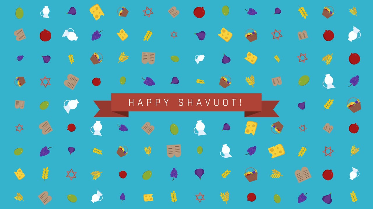 전통적인 기호와 영어 텍스트를 가진 shavuot holiday flat 디자인 애니메이션 배경