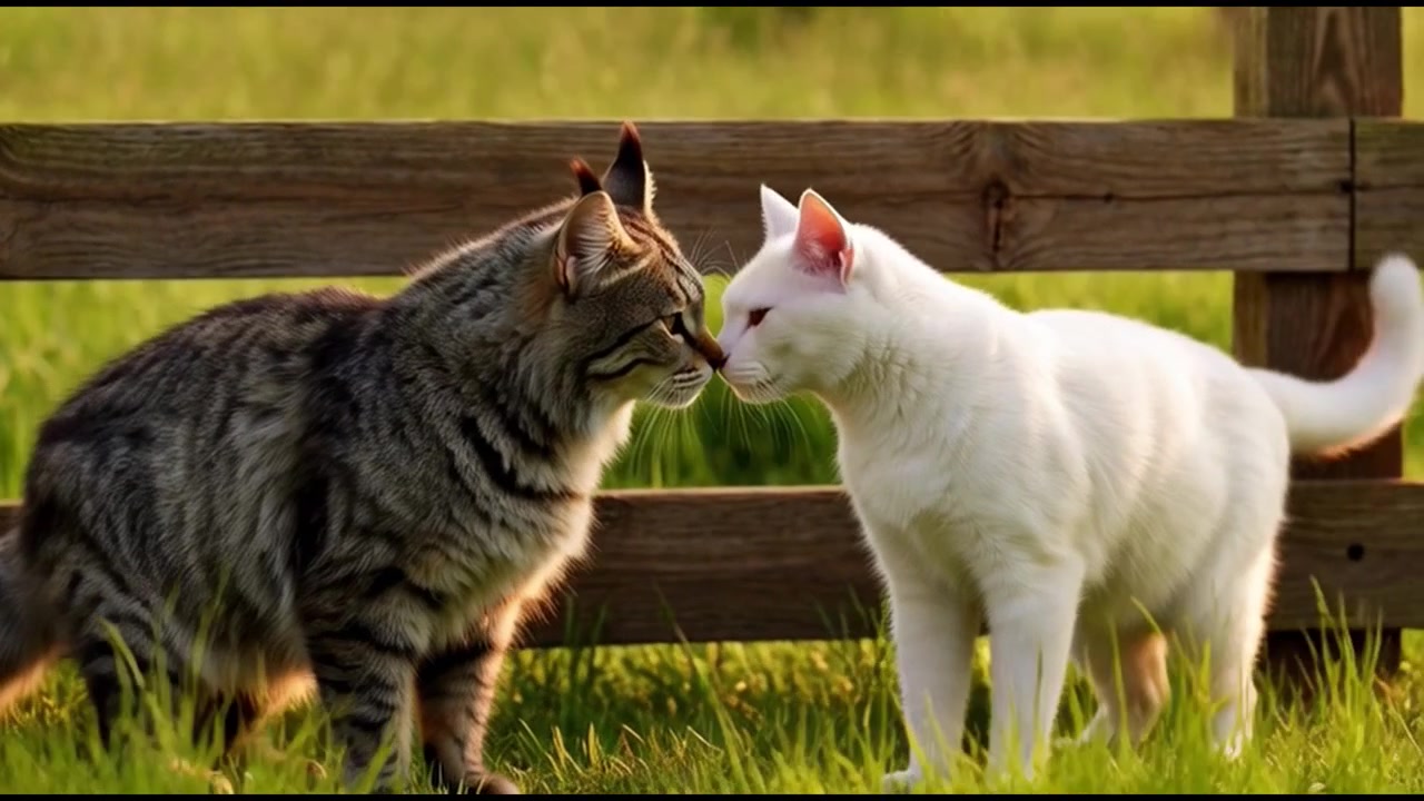 Due gatti che si toccano il naso in un campo erboso