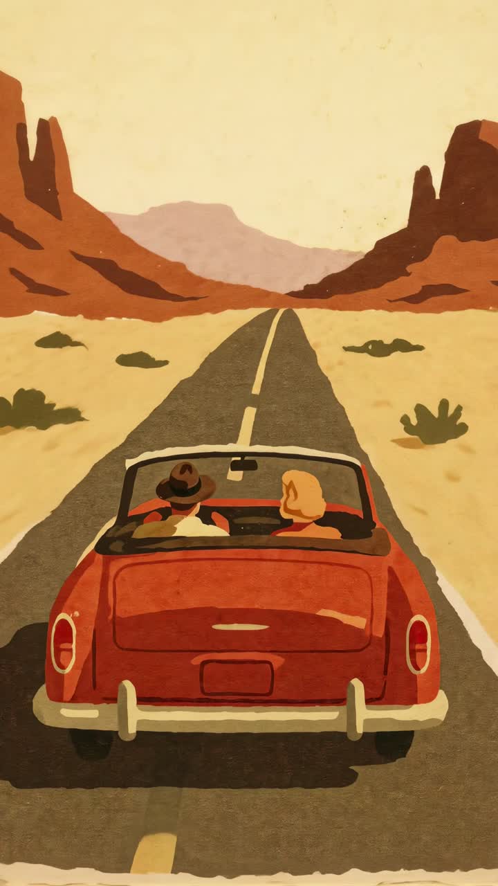 Illustration im Vintage-Stil eines Paares, das ein rotes Cabrio durch eine Wüstenlandschaft fährt