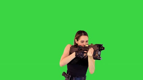 cyberpunk girl walks with machine gun, taking an aim, making a single shot on a green screen, chroma key