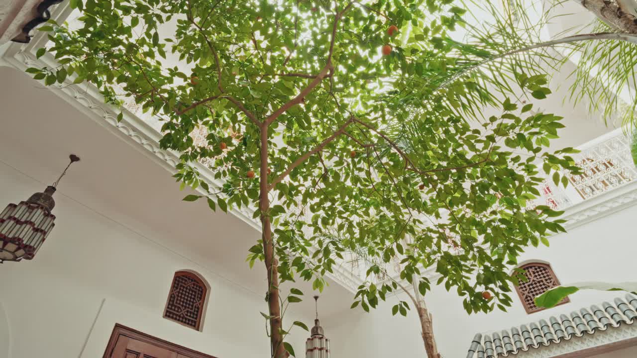 Panoramic view of a traditional Moroccan restaurant in Marrakesh, Morocco