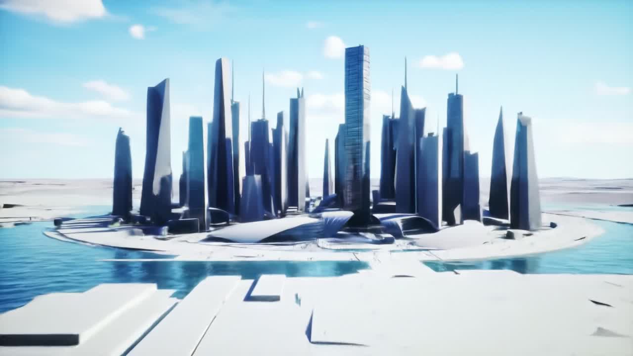 Explore a stunning modern city featuring an array of futuristic skyscrapers reaching into the sky, all set against a vibrant blue backdrop. This urban landscape highlights architectural innovation.