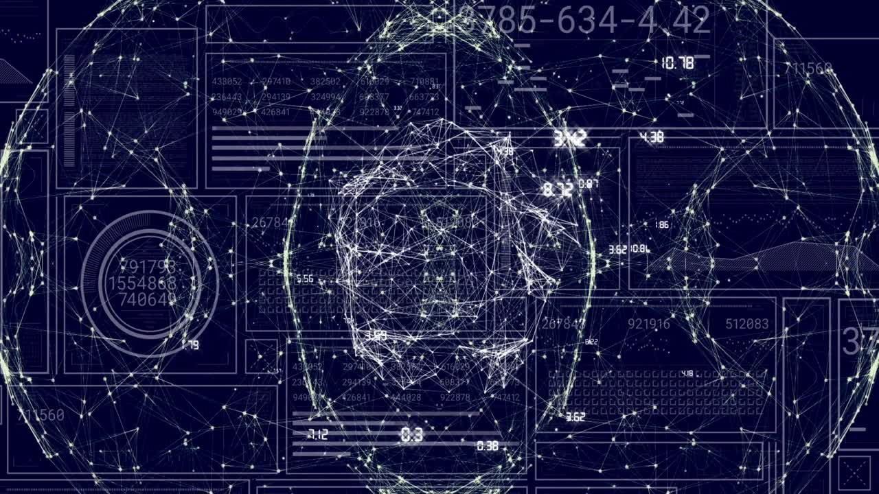 Animation of data processing on screens and globe with connections