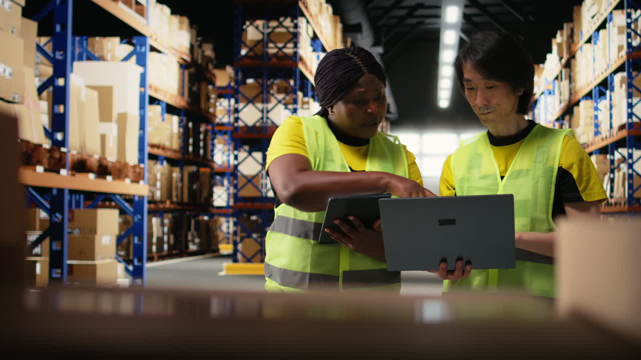 Vertical Video Black and asian workers managing the order fulfillment process in shipping area