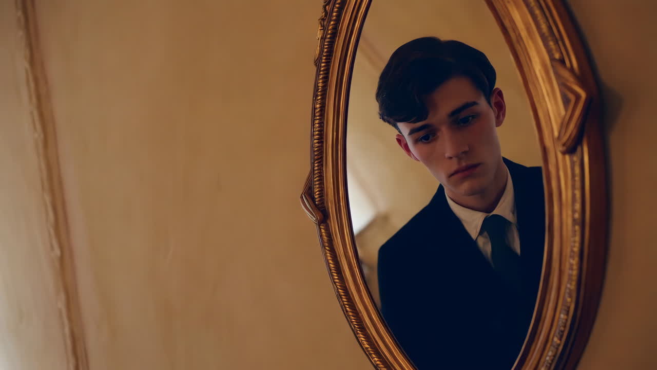 Young man's reflection in an ornate mirror