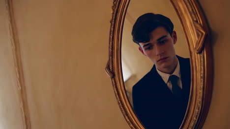 young man's reflection in an ornate mirror