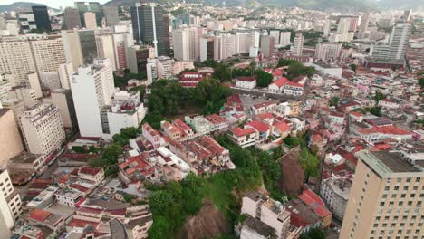 Aerial-orbit-over-Conceição-hill-Rio-de-Janeiro-historical-colonial-architecture-contrasting-infrastructure-tile-roofs-Brazil