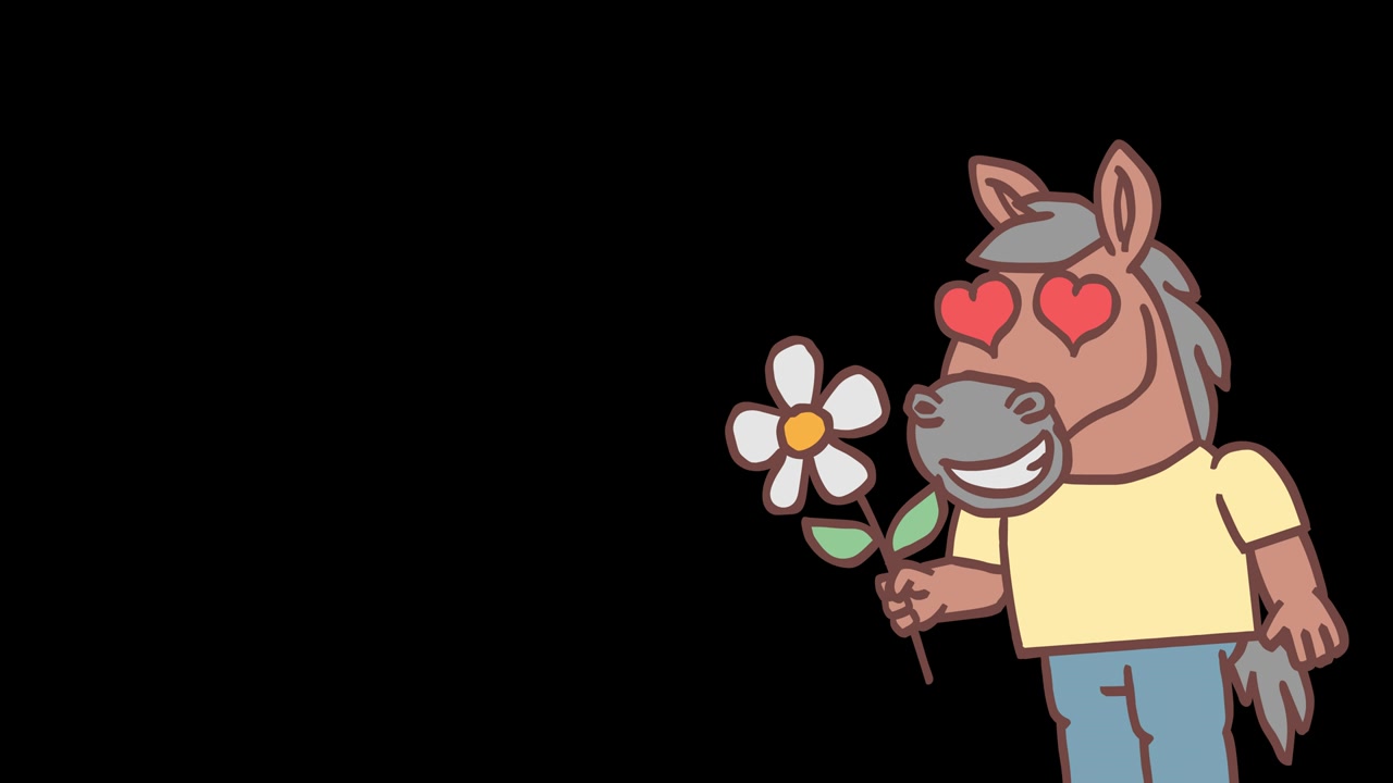 Horse appears on screen holds flower and smiling. Frame by frame animation. Alpha channel