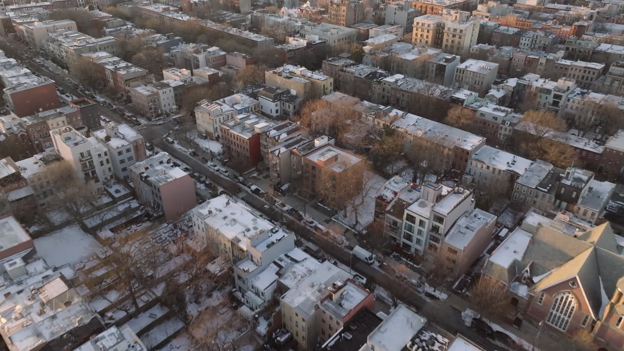 Aerial view of Bedford-Stuyvesant Brooklyn on a winter day. Shot in New York City
