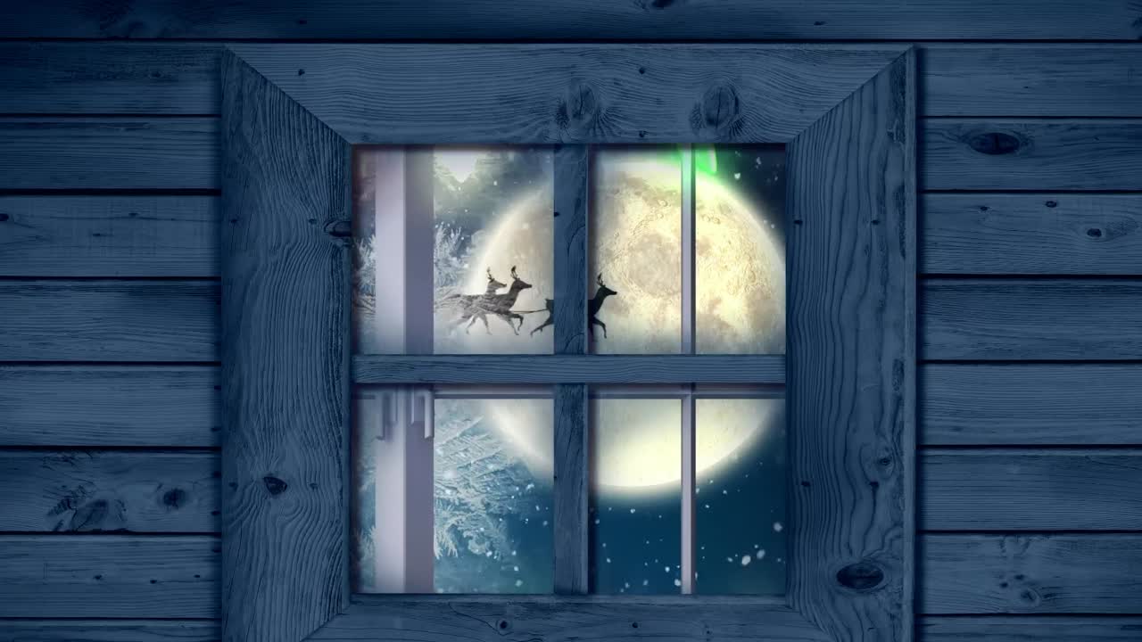 animación de santa claus en trineo con renos en el paisaje de invierno de navidad visto a través de la ventana