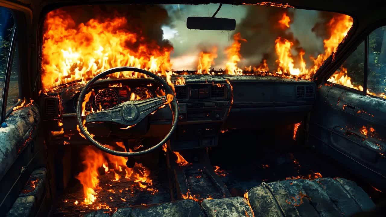un coche está envuelto por llamas en el medio de la carretera