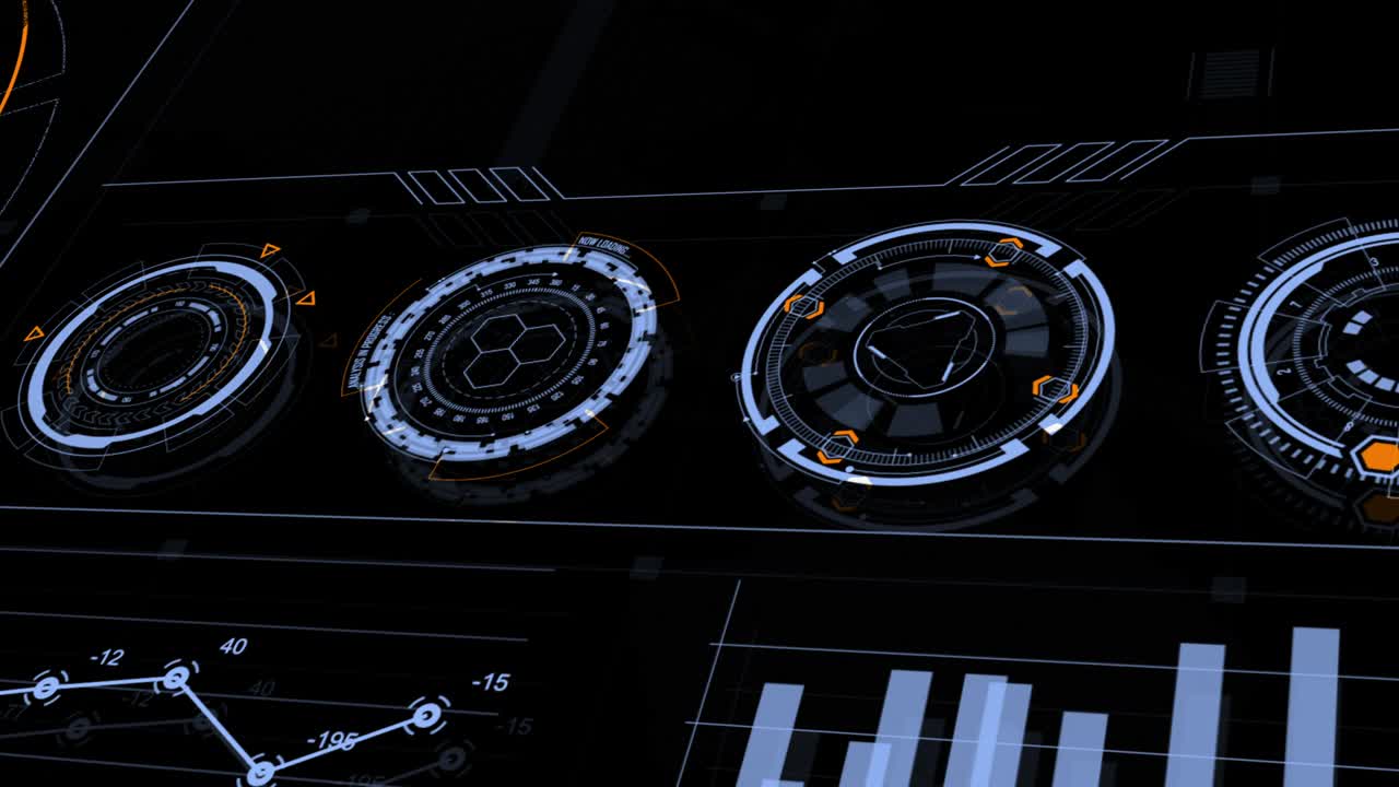 Motion graphic of head up display ( HUD UI ) technology interface screen with futuristic 3D elements graph and chat panel
