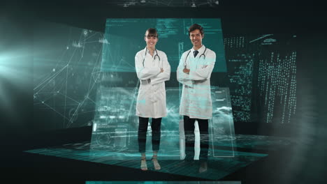 animation of biracial female and male doctor over data processing