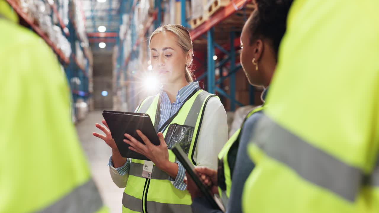 una gerente de almacén dirige una reunión de equipo con sus empleados.