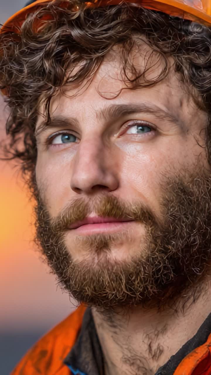 Un primo piano di un lavoratore con la barba e i capelli ricci, che indossa un casco di sicurezza arancione e guarda pensieroso in lontananza, sullo sfondo di un dolce tramonto
