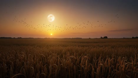 beautiful sunset over a golden wheat field with a full moon and silhouetted birds gliding across the sky, capturing the tranquility of nature's evening palette