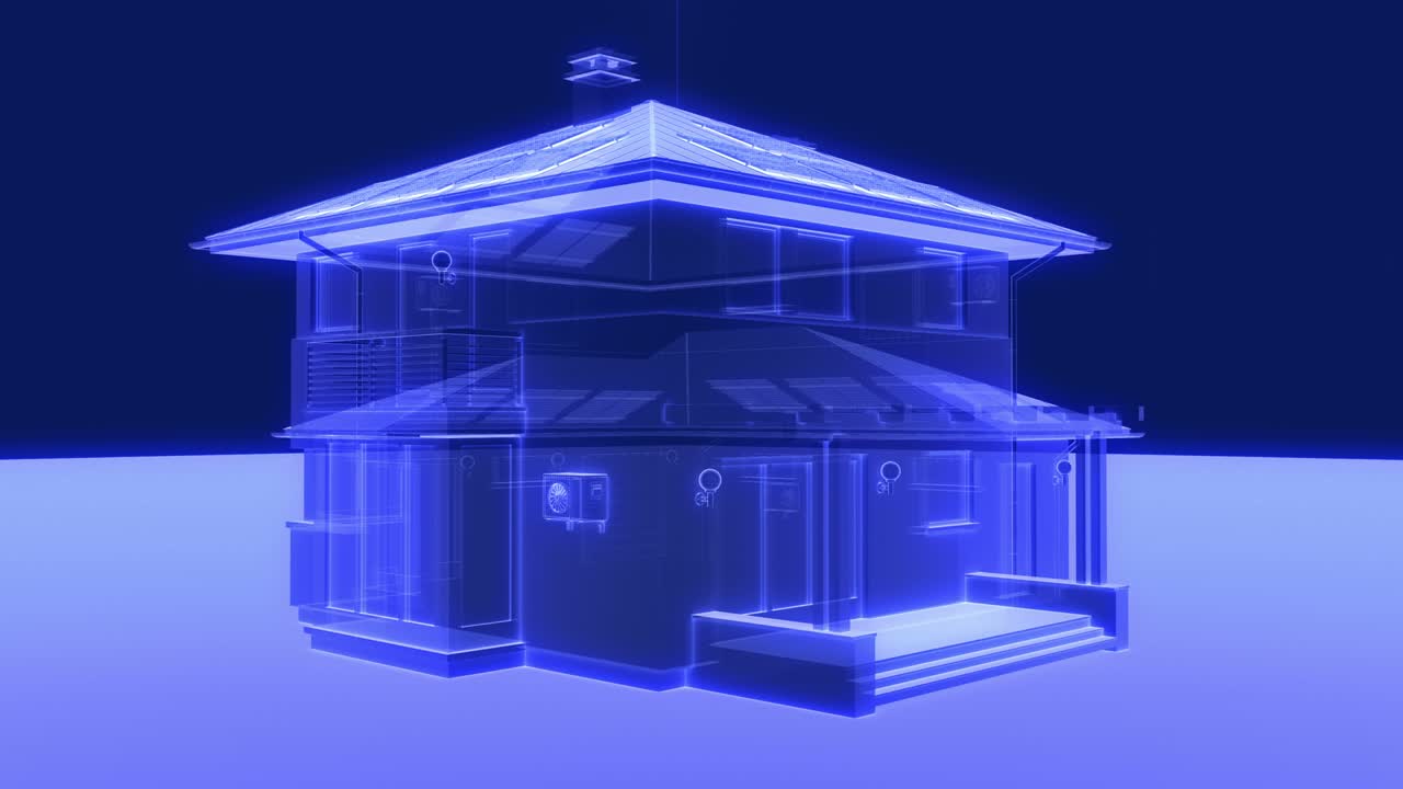 홀로그램 집 모형 계획의 3d 애니메이션, 회전 및 루프 가능