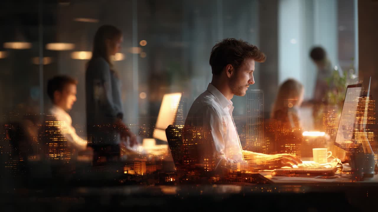 A professional male engaging with digital technology in a modern office environment during evening hours, reflecting the vibrant city skyline in the background