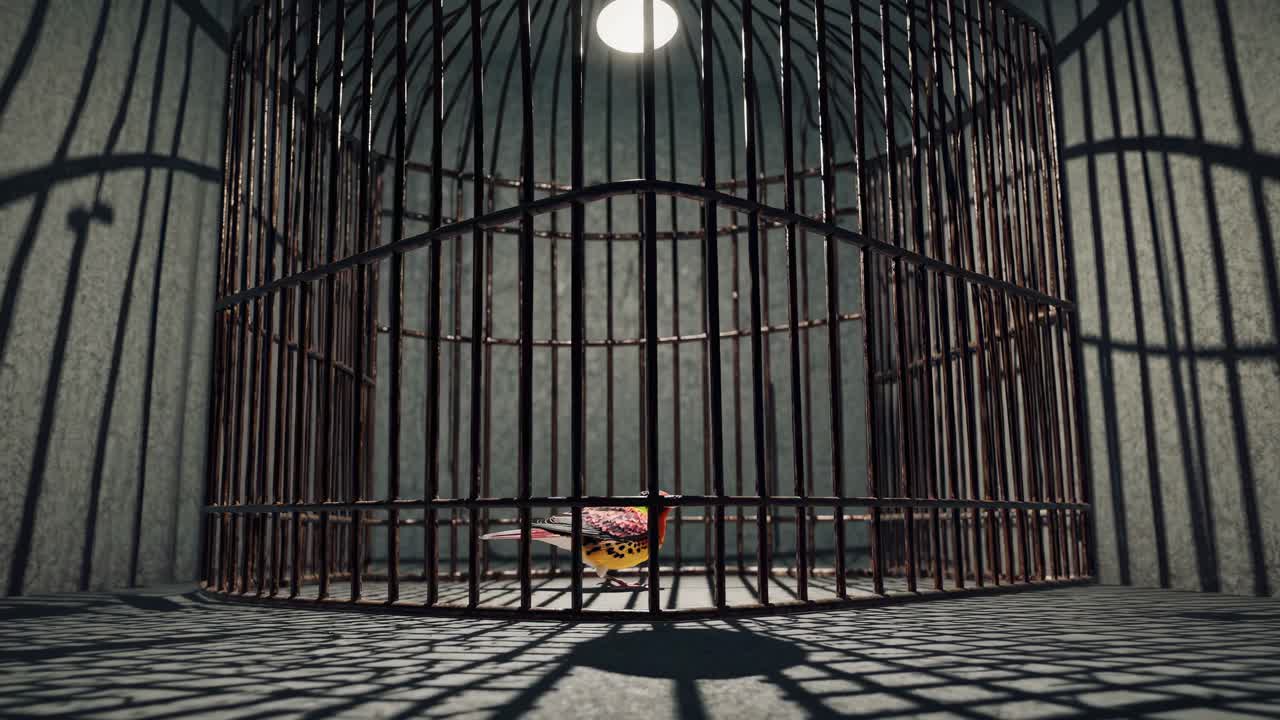 Low-angle shot of a colorful bird in a large, shadowy cage, creating a dramatic and confined