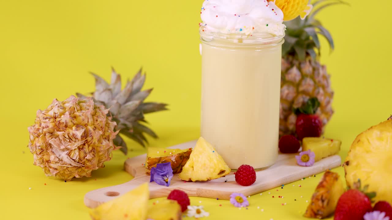 Pineapple smoothie and fruit rotate on vibrant yellow background, bright lighting, smooth camera movement