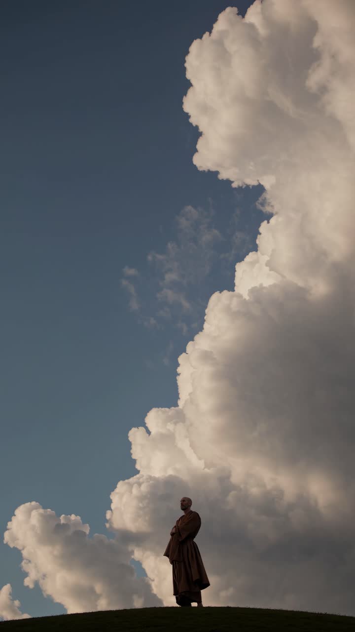 A contemplative scene of a person in a robe standing on a hill against towering clouds
